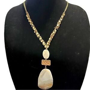 Long Earthy Tone Agate and Scolecite Gold Tone Necklace